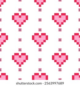 Cute pink heart.Cross Stitch embroidery seamless.Geometric pixel ethnic patterns. Lovely romantic folk background for Mother's Day, Valentine,wedding,birthday,textiles, wallpapers, banners,decorate.