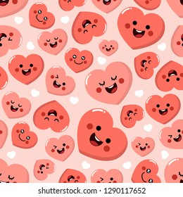 Cute pink hearts cartoon character seamless pattern. Love vector. Valentines'a day greeting card background.