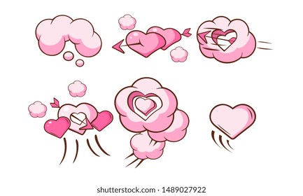 Cute Pink Hearts, Clouds and Speech Bubbles Set, Saint Valentines Day Design Elements Vector Illustration