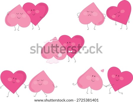 Cute pink hearts in different poses for Valentine's Day and to express love and feelings