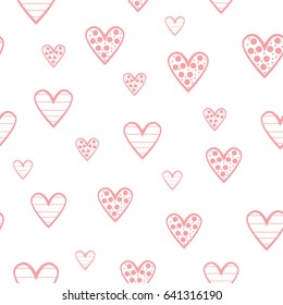 Cute pink hearts isolated on white background. Striped and decorated with round spots. Seamless pattern. Vector Illusion.