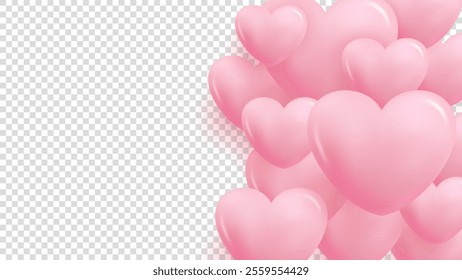 Cute pink hearts on transparent background. Graphic overlay template for wedding invitations and Happy Valentine's Day holiday greetings. Vector illustration.