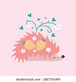 Cute pink hedgehog with yellow strawberries, white flowers and green hearts on a pink background. Love card for Valentine's Day. 