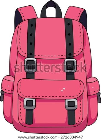 Cute pink hiking backpack or rucksack for travel and school. Vector illustration for outdoor equipment, student travel, and adventure gear catalogs.