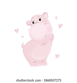 cute pink Hippo smiles surrounded by pink hearts