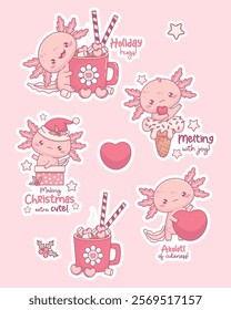 Cute pink holiday Axolotl sticker. Christmas funny Santa, festive animal valentine and sweet character with ice cream and cup Hot Cocoa with Marshmallows. Isolated Vector illustration. Kids collection