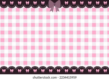 Cute pink horizontal illustration with    gingham check and dark lace borders with bows. Kawaii Japanese aesthetic y2k girl background template. Vector illustration EPS 10