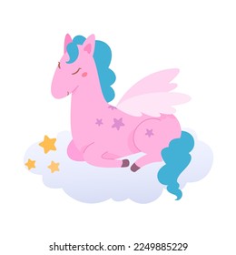 Cute pink horse with blue mane and tail flying on cloud vector illustration. Cartoon beautiful baby fairy animal with butterfly wings and stars dreaming, happy adorable magic pony for sweet dreams