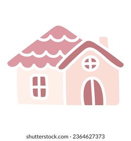 Cute pink house. Cartoon flat kawaii hut. Simple hand drawn vector illustration. Doodle art. Clipart isolated on white background. Graphic element for design of children`s products.