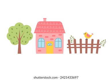 Casa de color rosa con cerca, pájaro y árbol. Ilustración vectorial aislada en fondo blanco. 