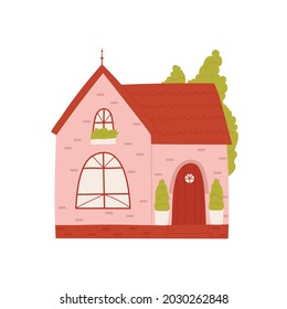 Cute pink house, home apartment in summer village or town vector illustration. Cartoon funny small facade of house building cottage with red roof and door, windows isolated on white