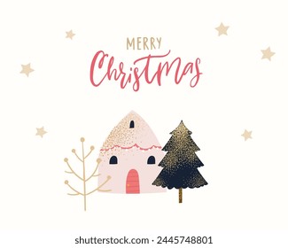 Cute pink house, winter Christmas scene, spruce tree decorated on white background. Winter season holidays greeting card vector design.