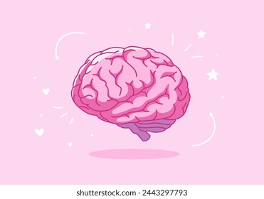 Cute pink human brain. Mind symbol. Cartoon vector illustration