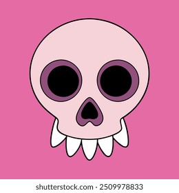 Cute Pink Human Skull Illustration with Big Black Eyes and Cartoon Teeth on Pink Background