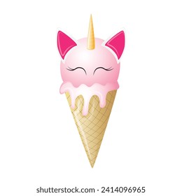 cute pink ice cream ball in cone unicorn character
