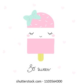 Cute pink ice cream with bow and lettering. Vector hand drawn illustration.