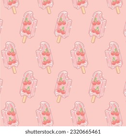 Cute pink ice cream cherry girl seamless pattern wallpaper