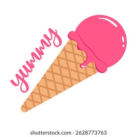 Cute pink ice cream cone with "yummy" lettering. Fun cartoon dessert illustration on transparent background. Perfect for summer stickers, t-shirt prints, and sweet designs.

