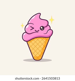 Cute pink ice cream cone with a happy face and a bow. Perfect for kawaii-themed designs, kids' prints, summer graphics, stickers, and fun cartoon illustrations.