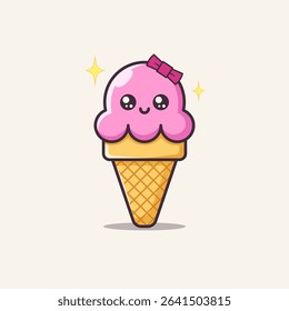 Cute pink ice cream cone with a happy face and a bow. Perfect for kawaii-themed designs, kids' prints, summer graphics, stickers, and fun cartoon illustrations.