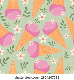 Cute pink ice cream cone and flowers seamless pattern vector. Whimsical summer dessert and botanical repeating pattern for fabric