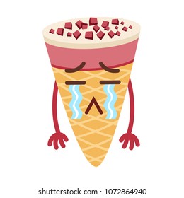 cute pink ice cream cones character crying alone in cartoons