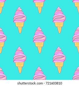 Cute pink ice cream cones seamless pattern. Vector background for textile, print, child cloth, wallpaper, wrapping. Girly illustration in bright blue and soft pink colors.