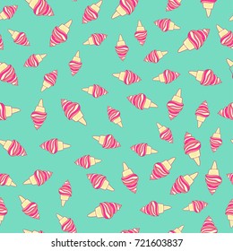 Cute pink ice cream cones seamless pattern. Vector background for textile, print, child cloth, wallpaper, wrapping. Girly illustration in bright blue and soft pink colors.