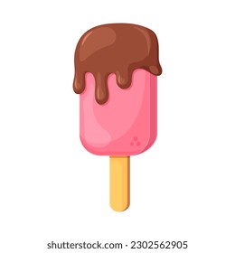 Cute pink ice cream with melt chocolate on stick. Cartoon style. Vector illustration isolated on white.