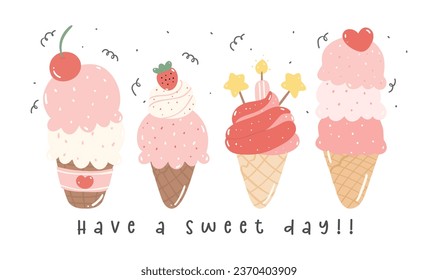 cute pink ice cream sweet summer cartoon flat design idea for invitation banner, joyful events and cheerful celebrations.
