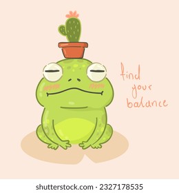 Cute pink illustration - frog with the pot plant, cartoon print, vector element, kawaii, cactus, flat style, kid, child, baby, card, sticker, relax, yoga