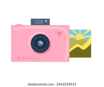 a cute pink instant camera from which a photo of a beautiful landscape crawls out