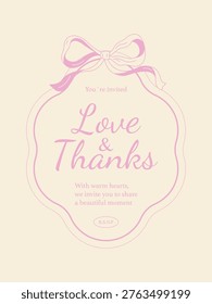 Cute pink invitation card with bow and soft colors. Romantic and feminine design for wedding, birthday, baby shower, or celebration.
