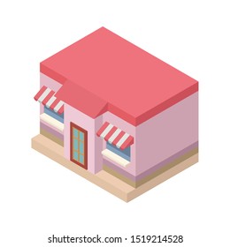 Cute pink isometric shop, vector image