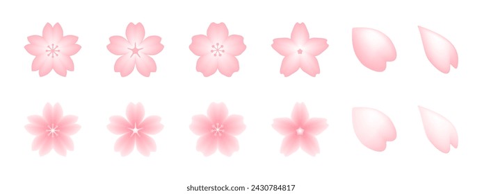 Cute pink Japanese cherry blossoms, stylish spring cherry blossom petals, vector icon illustration material set