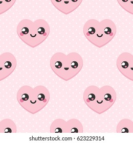 Cute pink japanese style heart emoji seamless pattern background.