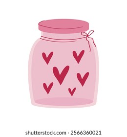 A cute pink jar filled with hearts. Valentine's Day concept. A glass container with love.