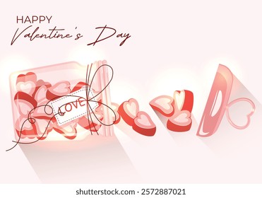 Cute pink jar full of candy hearts- Happy Valentine's Day- Vector Illustration