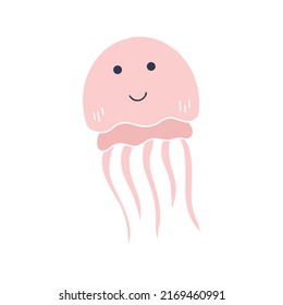 Cute pink jellyfish baby character isolated vector on white background. Underwater inhabitant decorate kids things. Sea animal doodle style