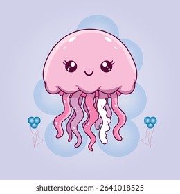 Cute pink jellyfish cartoon illustration vector