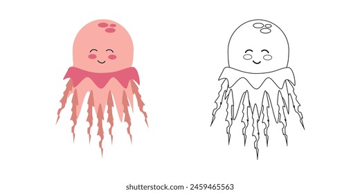 Cute pink jellyfish character, sea animal. Vector cartoon illustration for children's coloring books, outline and example in color.