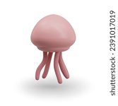 Cute pink jellyfish. Exotic wildlife fish. Purple marine underwater inhabitant. Round spineless fish. Vector illustration in 3D style on white background