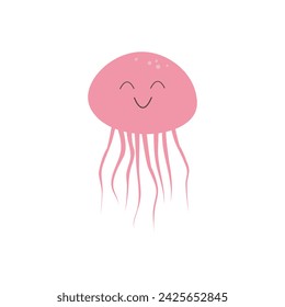 Medusa rosa linda en estilo kawaii plano sobre un fondo blanco. Carácter del mar, para la ropa de los niños, tarjeta, impresión, diseño del verano. Animal submarino aislado sobre fondo blanco, vector eps 10.