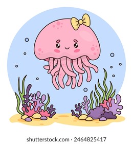 Cute pink jellyfish girl. Funny cartoon animal kawaii character. Vector illustration. Underwater landscape with algae and corals. Kids collection