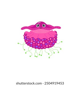 Cute pink jellyfish with a happy face and green tentacles. Vector illustration of a whimsical sea creature with a bright, playful design. Perfect for children's content, educational materials