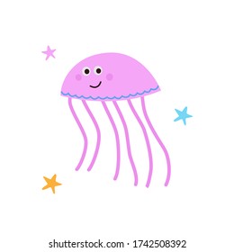 Cute pink jellyfish isolated on white background. Vector illustration in flat cartoon style of little kawaii medusa for textile or cards