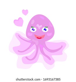 Cute pink jellyfish, marine life, kawaii style, illustration for children's books, bright colorful character. Vector image on a white background for stickers, design of toys, fairy tales.