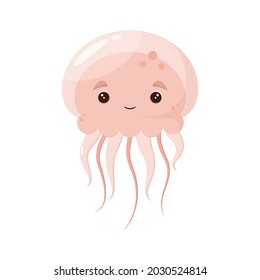 Cute pink jellyfish on a white background. A funny animal in a cartoon style.