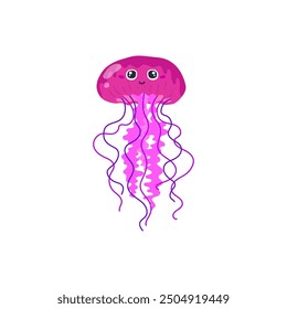 Cute pink jellyfish with a smiling face and wavy tentacles. Vector illustration of a cartoon sea creature with expressive eyes, bright colors, and whimsical design.