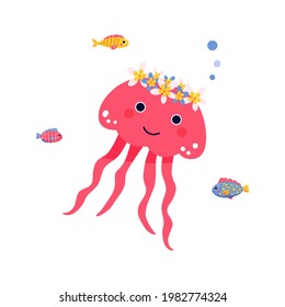 Cute pink jellyfish swimming isolated on white background. Kids illustration in cartoon style for textile or printing on any surface